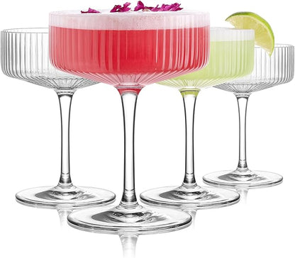 LUNA & MANTHA Coupe Glasses Set of 4, 10oz Crystal Ribbed Martini Glasses, Vintage Cocktail Glass, Hand Blown for Espresso Martini, Margarita, Home Bar &Gift,Glassware