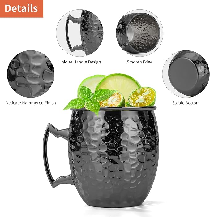 Amrules Moscow Mule Mugs, 16 OZ Black Hammered Mule Cup - Image 4