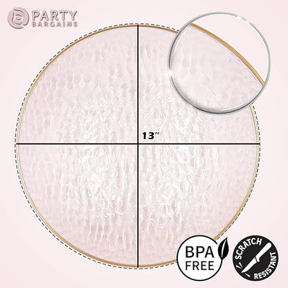 PARTY BARGAINS 13-Inch Charger Plates - 4 Pack, Hammered Pink Gold Rim, Heavy-Duty Disposable Chargers for Elegant Dining - Ideal for Weddings and Formal Events
