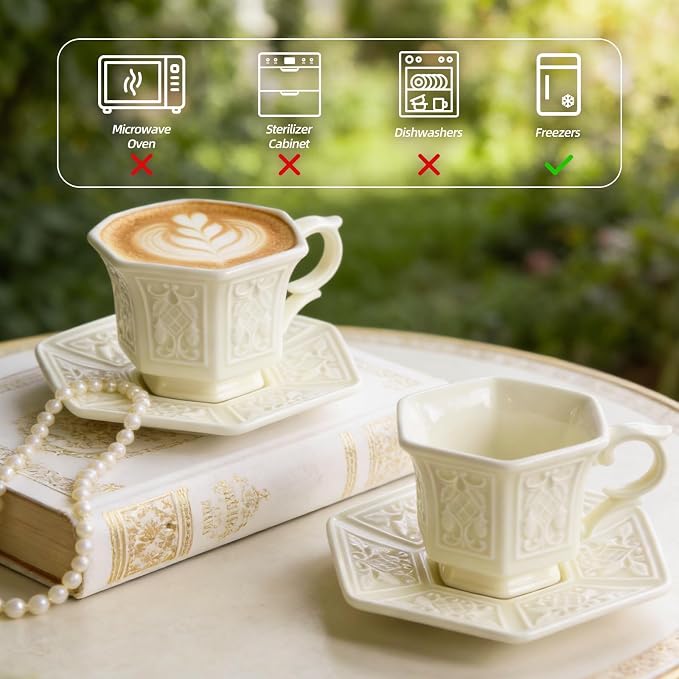 KAMMAK Tea Cups and Saucers Set of 2, 6 oz Porcelain Coffee Cups, SY003 | - Image 6