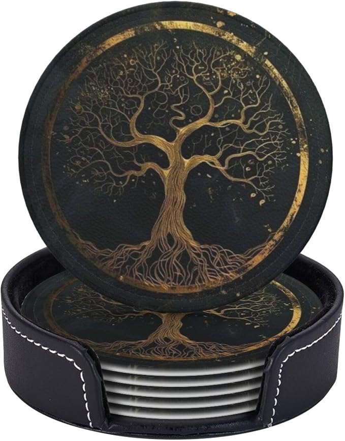 Drink Coasters with Holder Stand Set of 6, Marble Gold Tree of Life Pu Leather by Unknown