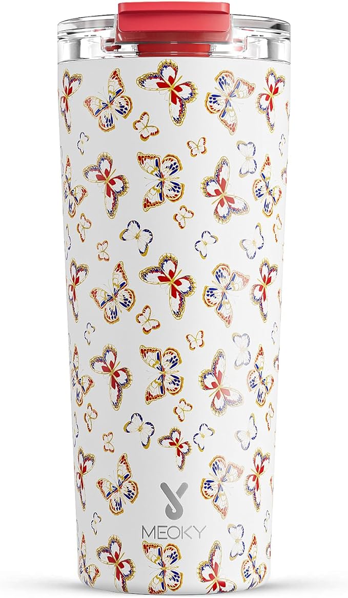 Meoky 24 oz Insulated Travel Coffee Mug: Leak Proof Lid, Jewel Butterfly | by MEOKY