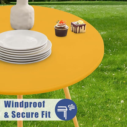 Round Spandex Tablecloth 2 Pack, Elastic Fitted Waterproof Tablecloths for 36"-44" Tables, Stretch Washable Picnic Table Cover for Camping, Dining, Indoor and Outdoor, Mustard Yellow