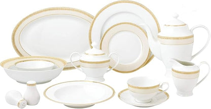 UKN 57 Piece Gold and Match Dinnerware Set-New Bone China Service for 8 People Banded Formal Round Dishwasher Safe