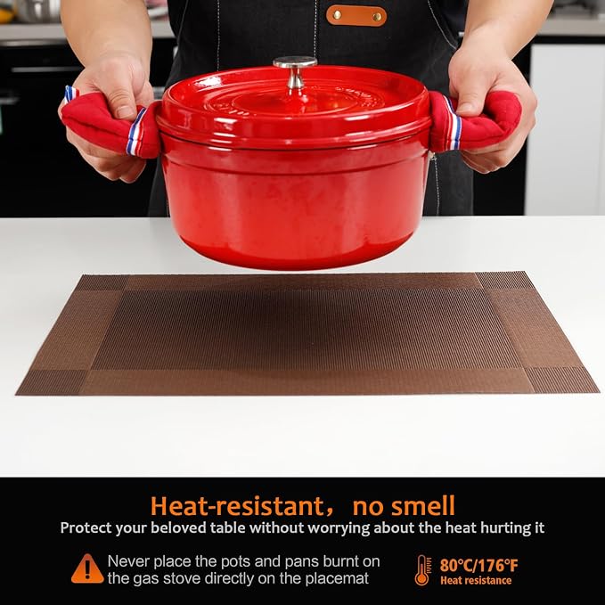 Brown Vinyl Placemats Set of 6, Heat Resistant Table Placemats | 18x12 inch - Image 4