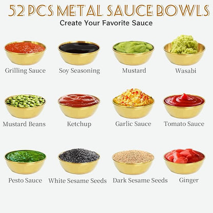 52 Pcs Metal Sauce Bowls 3.2 Inch Gold Mini Round Saucers Stainless Steel Seasoning Dishes Cups Small Sushi AppetizerBowls for Restaurant Kitchen Barbecues Dipping