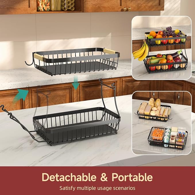 3-Tier Fruit Basket with Banana Hangers, Detachable Metal Bowl | Wooden handle - Image 3