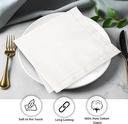 Urban Villa Cloth Napkins Ivory Hemstitch Dinner Napkins Set of 12 (20X20) 100% Cotton Absorbent Washable Durable Reusable Ideal for Hotel Collection Farmhouse Parties Restaurant Lunch Dinner Napkins