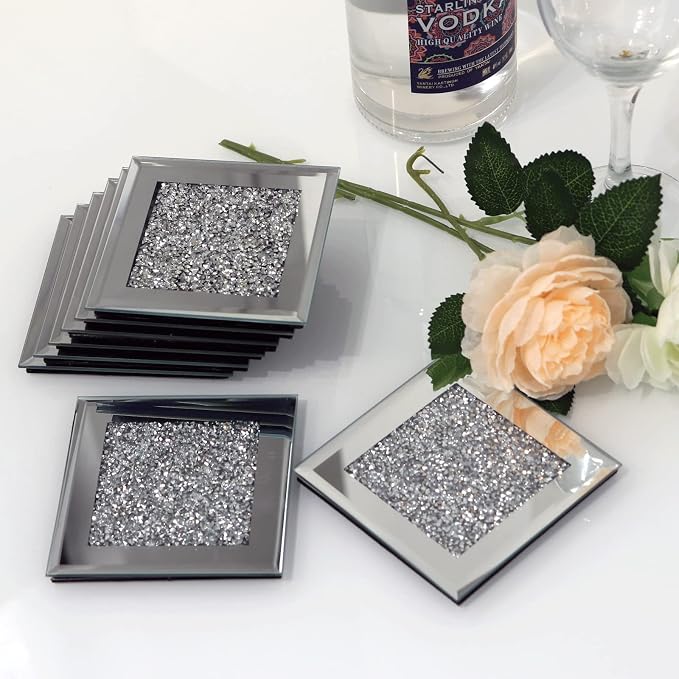 GIMORRTO Glass Mirrored Coaster 8 PC, Crushed Diamond Square Cup 4" Mat Decor - Image 2