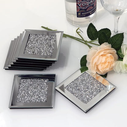 GIMORRTO Glass Mirrored Coaster 8 PC, Crushed Diamond Square Cup 4" Mat Decor - Image 2