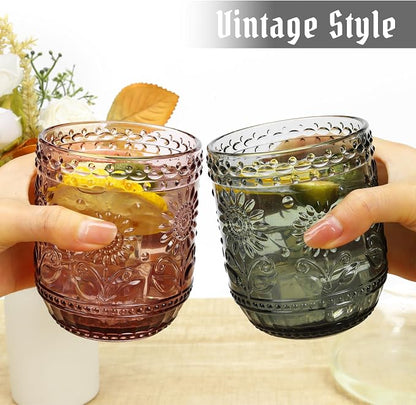 Topsky Vintage Drinking Glass Set of 4, 12 oz Embossed Floral Drinkware Set - Image 2