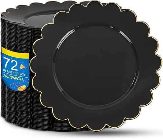 SUT 72 PCS Black Plastic Plates with Gold Rim, plates Disposable Heavy Duty, 10.25 inch plastic Dinner Plate, black Disposable plate for Party