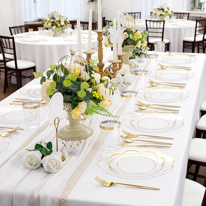 EI 180pcs Clear Plastic Plates with Gold Plastic Silverware, Plate for Party,Clear Dinnerware Set,Heavy Duty Plate for Wedding,Afternoon Tea,Spring,Mother's Day,Valentine's Day,Easter
