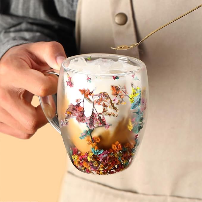 Gifts for Women Dried Flowers Double Wall Glass Coffee Mugs Cute Glass Tea Cups - Image 9
