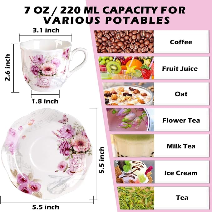 GuangYang 7 oz Porcelain Tea Cups and Saucers set of 6 - Image 4