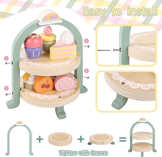 Wooden Tea Party Set for Little Girls Pretend Food Play for Toddler 3-5 | Kids - Image 6