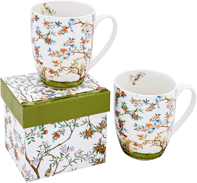 ALYC Fine China Coffee Mug Set – Bird and Branch Flower Teacup Design – 2Pack by ALYC