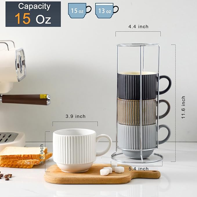 HASENSE Large Coffee Mug Set of 4 - 15 oz Stacking Ceramic Ribbed Latte Cups Set - Image 3