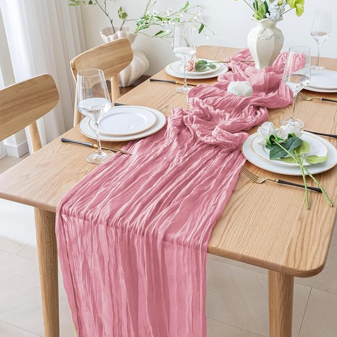 Cheesecloth Table Runner 10FT 2Pcs Pink Boho Gauze Rustic Sheer Runners | - Image 6