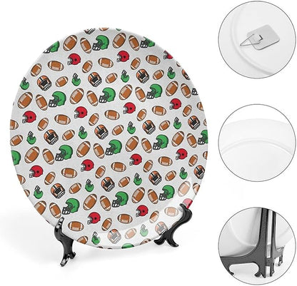 Ceramic Display Plate, American Football Ceramic Hanging Decorative Plate, Cartoon Style Rugby Icons Balls American, 10 Inch, Living Room Kitchen Decoration Household, Multicolor