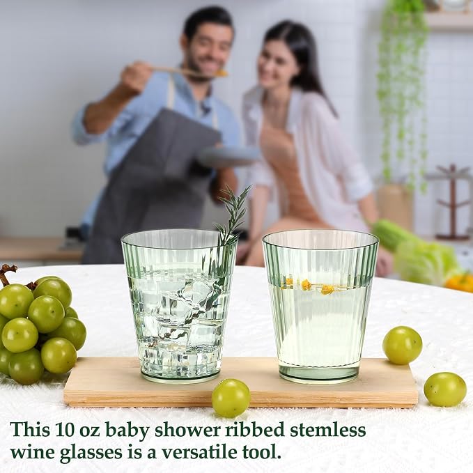 24 PCS Plastic Ribbed Drinking Glasses Green 10oz Vintage Ripple Stemless Wine - Image 5