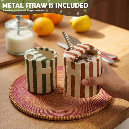 2 Pack Ceramic Coffee Mug with Sip Hole Espresso Cup 10oz with Straws Retro - Image 4