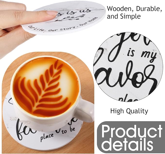 Queekay Coasters Set of 6 House Warming Gifts New Home Wooden Farmhouse Drink - Image 3