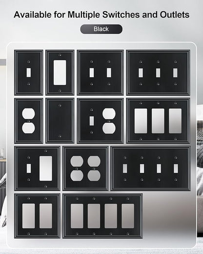 6-Pack Decorator Outlet Cover Plate, Black Decorative Switch Plates and Outlet Covers, Durable Zinc Alloy Wall Plates for Electrical Outlets, Receptacle, GFCI Outlet, Dimmer Switch