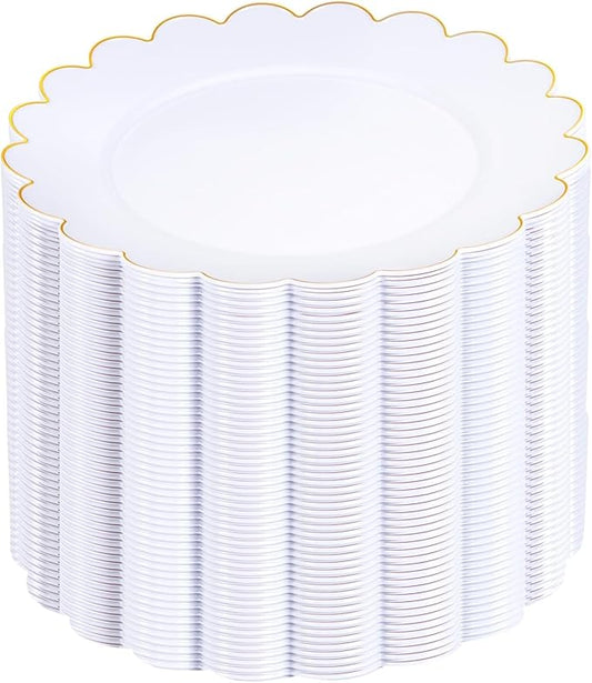 SUT 72Pcs Plastic Plates-7.5inch White Dessert Plates with Gold Trim, White Disposable Plates, Disposable Plates,Fancy Plastic Plates, Heavy Duty Plastic Plates for Parties