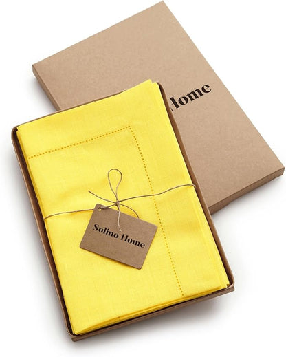 Solino Home Sunshine Yellow Linen Napkins Set of 4-100% Pure Linen Hemstitch Dinner Napkins 20 x 20 Inch for Spring, Easter - Classic Hemstitch