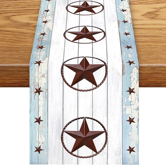 Texas Star Table Runner, Rustic Farmhouse Western Blue Wooden Red Star Barn by Unknown