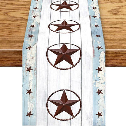 Texas Star Table Runner, Rustic Farmhouse Western Blue Wooden Red Star Barn by Unknown