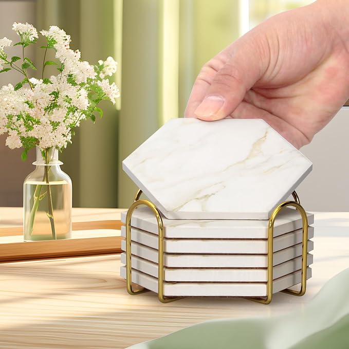 6Pcs White Marble Coaster Set - Image 3