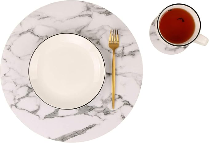Set of 8 Marble Round Placemats and Coasters, Faux Leather Waterproof Table Mats by JOVONO