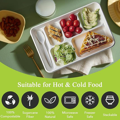 three leaf 6 COMPARTMENT BAGASSE TRAY 50 Ct. Heavy-Duty- Super Strong- Natural- Eco-Friendly Disposable Bagasse Plates, 100% Biodegradable 6 Compartment meal Plates
