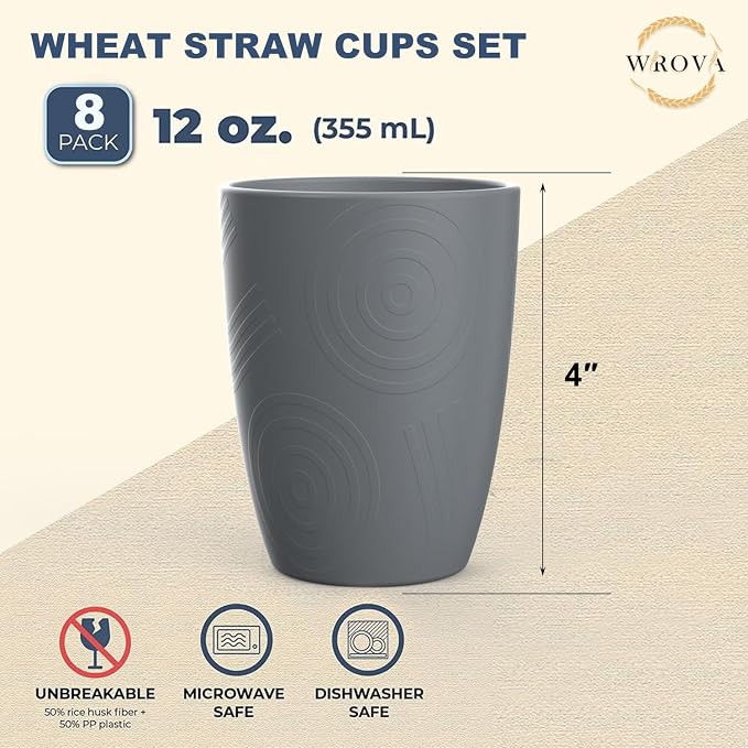 Wrova Wheat Straw Cups 8 PCS Good Alternative to Plastic Reusable Cups 12 oz - Image 2