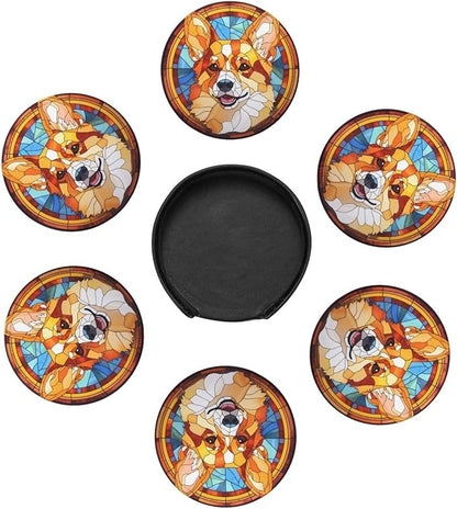 Drink Coaster Set of 6, Corgi Dog Mom Lover Gift,Leather Drink Coasters with Holder,6 Pack Cup/Bar/Drink Coasters for Table/Drinks/Coffee Protection Housewarming Gift