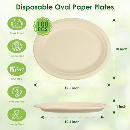 100pc Disposable Oval Paper Plates, 12.5" Biodegradable Compostable Heavy Duty Bagasse Platters Eco-Friendly Sugarcane Plates for BBQ, Party, Picnic - Natural Pulp