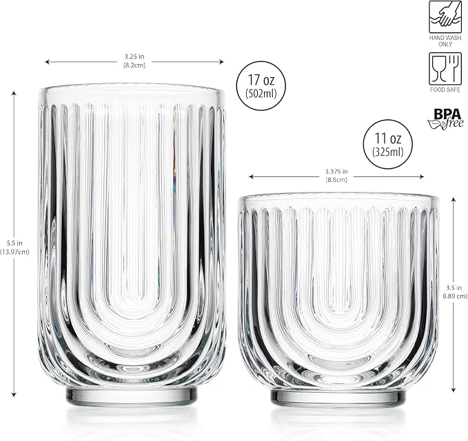Glaver's 16-Piece Drinking Glass Set, Art Deco Ribbed Arch Design, 17oz - Image 4