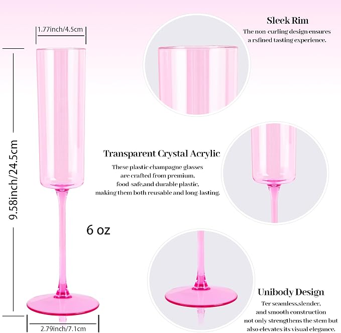 YOUBET 24Pack Pink Plastic Champagne Flutes 6 oz | Clear Pink Champagne - Image 7