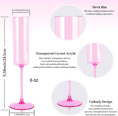 YOUBET 24Pack Pink Plastic Champagne Flutes 6 oz | Clear Pink Champagne - Image 7