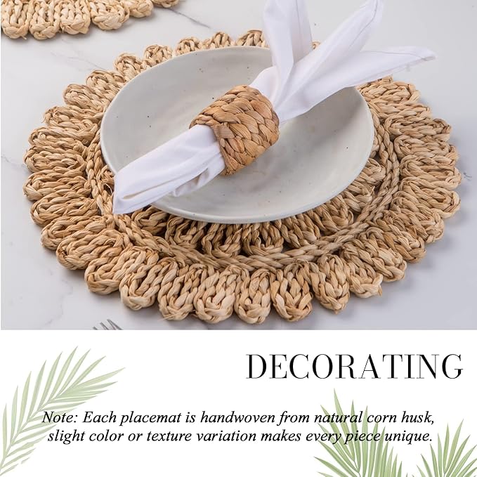 13.8" Set of 4 Round Corn Husk Placemats | Boho Woven Rattan Table Mats | Farmhouse Wicker Spring Plate Chargers Like Water Hyacinth, Seagrass for Wedding, Party, Christmas, Events