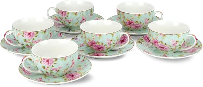 BTaT- Floral Tea Cups and Saucers, 7 oz, Fine Porcelain Teacup Set - Image 7