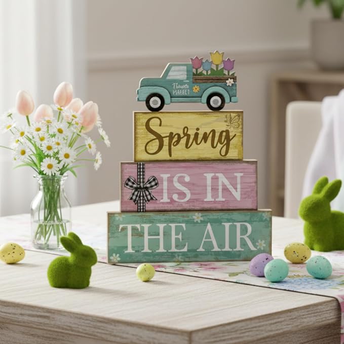 Moucuny 4 Pcs Spring Table Decor Wooden Blue Truck Decoration Flower - Image 5