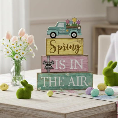 Moucuny 4 Pcs Spring Table Decor Wooden Blue Truck Decoration Flower - Image 5
