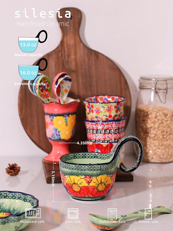 silesia Handmade Loop Handle Soup Bowl, Plate and Spoon Set Ceramic Hand - Image 2