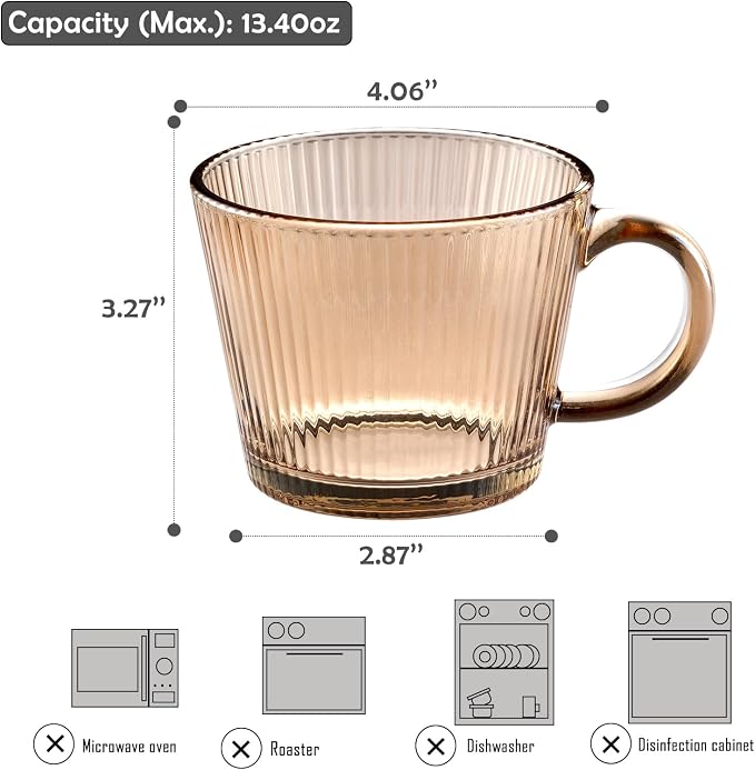 13oz Vintage Coffee Mugs 2 pack Striped Glass Tea Cups - Image 2