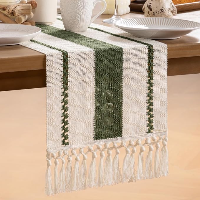 MLMW Boho Table Runner 60 inches Olive Green&Ivory Small Coffee Table Runner - Image 7