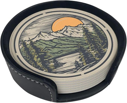 Mountain Sunset Leather Drinks Coasters - Image 2