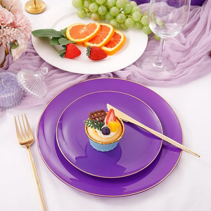 PULOTE 100PCS Purple Plastic Plates - Purple and Gold Disposable Include 50 Each (10.25 Inch Dinner & 7.5 Inch Dessert) Plates, Ideal for Party